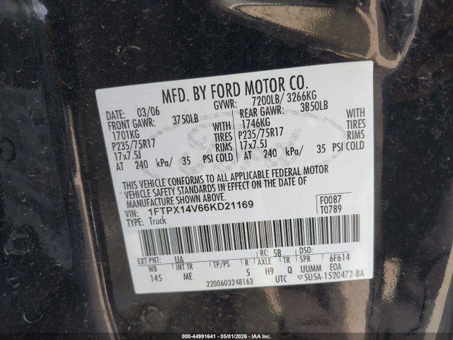 Продаж на аукціоні авто 2006 Ford F-150 Fx4/lariat/xl/xlt, vin: 1FTPX14V66KD21169, номер лоту: 44991641