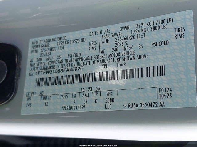 Продаж на аукціоні авто 2025 Ford F-150 Xlt, vin: 1FTFW3L86SFA45925, номер лоту: 44991643