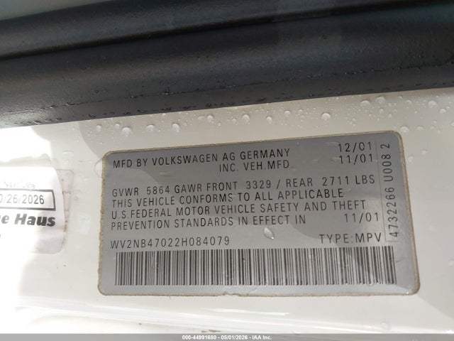 Auction sale of the 2002 Volkswagen Eurovan Mv, vin: WV2NB47022H084079, lot number: 44991680