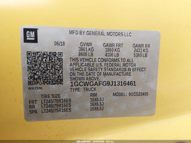 Aukcja sprzedaży 2018 Chevrolet Express 2500 Work Van, vin: 1GCWGAFG9J1316461, numer aukcji: 44991687