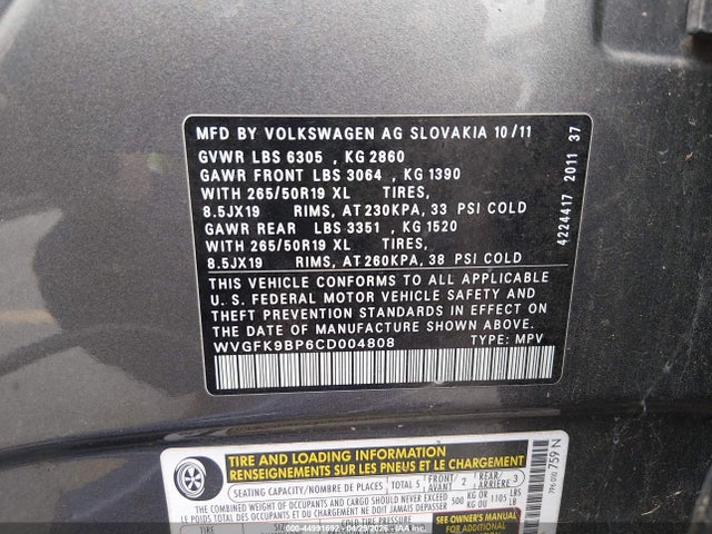 2012 Volkswagen Touareg Tdi Lux მანქანა იყიდება აუქციონზე, vin: WVGFK9BP6CD004808, აუქციონის ნომერი: 44991692