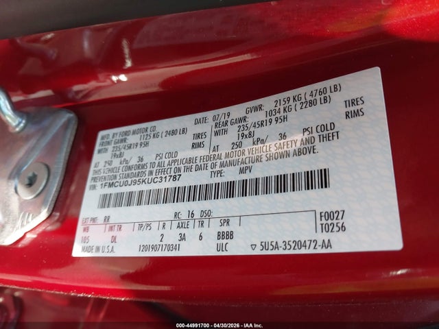 Продажа на аукционе авто 2019 Ford Escape Titanium, vin: 1FMCU0J95KUC31787, номер лота: 44991700