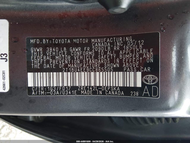 Aukcja sprzedaży 2012 Toyota Corolla S, vin: 2T1BU4EE9CC865505, numer aukcji: 44991699
