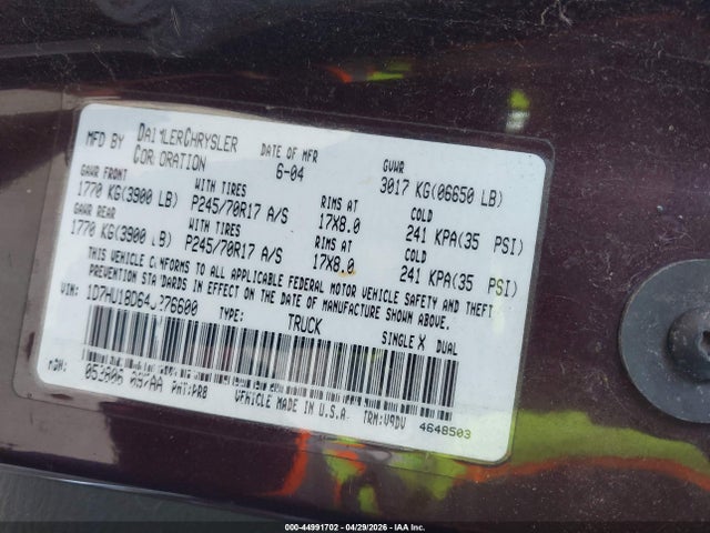 Продажа на аукционе авто 2004 Dodge Ram 1500 Slt/laramie, vin: 1D7HU18D64J276600, номер лота: 44991702