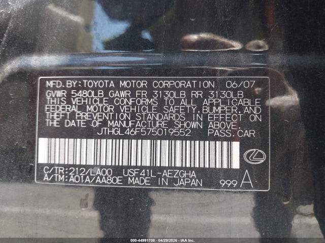 44991708 :رقم المزاد ، JTHGL46F575019552 vin ، 2007 Lexus Ls 460 L مزاد بيع