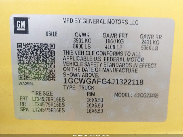 2018 Chevrolet Express 2500 Work Van მანქანა იყიდება აუქციონზე, vin: 1GCWGAFG4J1322118, აუქციონის ნომერი: 44991726