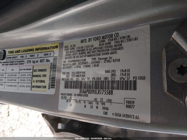 2020 Ford Fusion Titanium მანქანა იყიდება აუქციონზე, vin: 3FA6P0D9XLR175588, აუქციონის ნომერი: 44991733