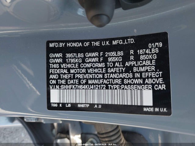 Продажа на аукционе авто 2019 Honda Civic Ex, vin: SHHFK7H64KU412172, номер лота: 44991734