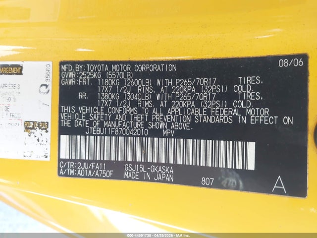 Aukcja sprzedaży 2007 Toyota Fj Cruiser, vin: JTEBU11F870042010, numer aukcji: 44991738