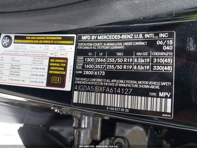 Продажа на аукционе авто 2015 Mercedes-benz Ml 350, vin: 4JGDA5JBXFA614127, номер лота: 44991755