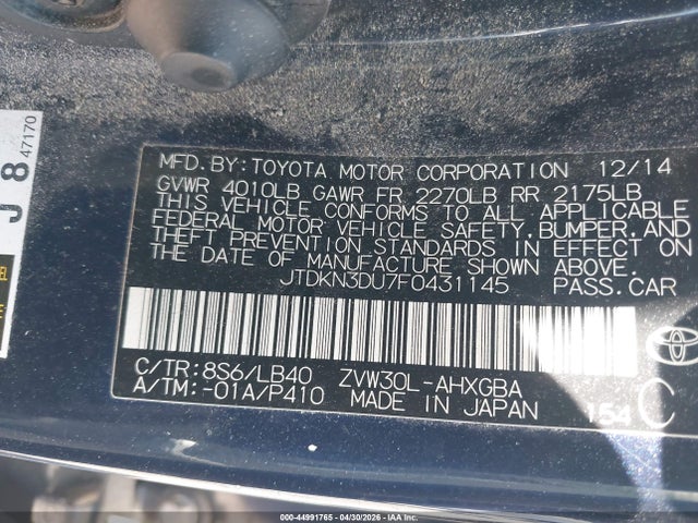 JTDKN3DU7F0431145 Toyota Prius Four