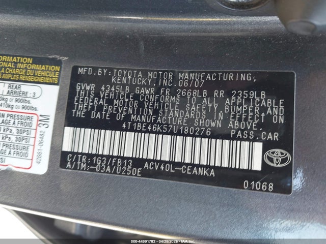 Auction sale of the 2007 Toyota Camry Le, vin: 4T1BE46K57U180276, lot number: 44991782