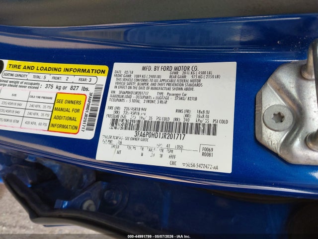 44991799 :رقم المزاد ، 3FA6P0HD1JR201717 vin ، 2018 Ford Fusion Se مزاد بيع