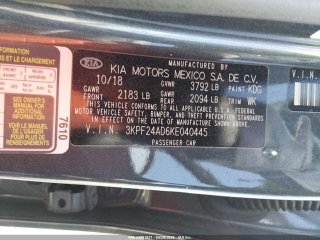 2019 Kia Forte Lxs მანქანა იყიდება აუქციონზე, vin: 3KPF24AD6KE040445, აუქციონის ნომერი: 44991821