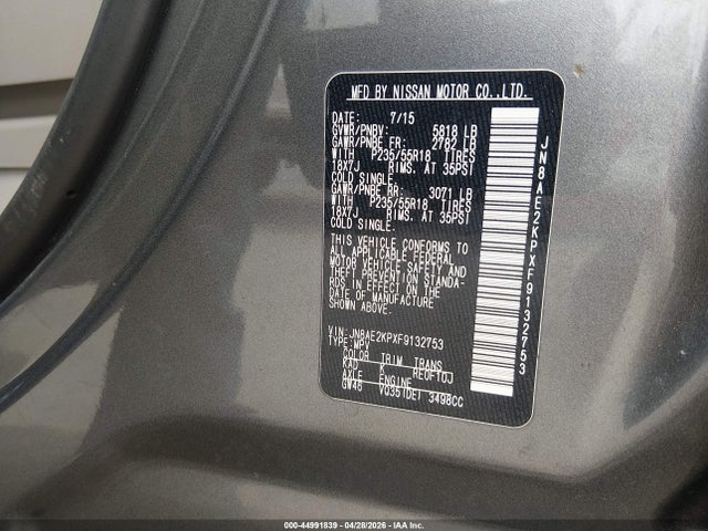 44991839 :رقم المزاد ، JN8AE2KPXF9132753 vin ، 2015 Nissan Quest Sl مزاد بيع