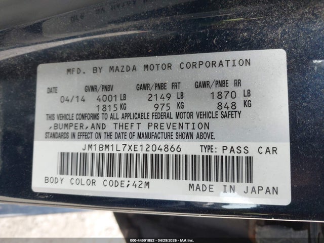 Aukcja sprzedaży 2014 Mazda Mazda3 I Touring, vin: JM1BM1L7XE1204866, numer aukcji: 44991852