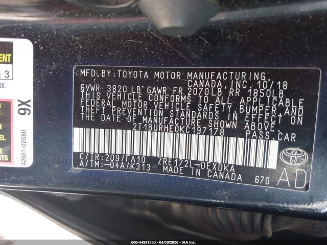 Aukcja sprzedaży 2019 Toyota Corolla L, vin: 2T1BURHE0KC197178, numer aukcji: 44991853