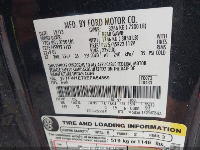 44991864 :رقم المزاد ، 1FTFW1ET9EFA54869 vin ، 2014 Ford F-150 Limited مزاد بيع