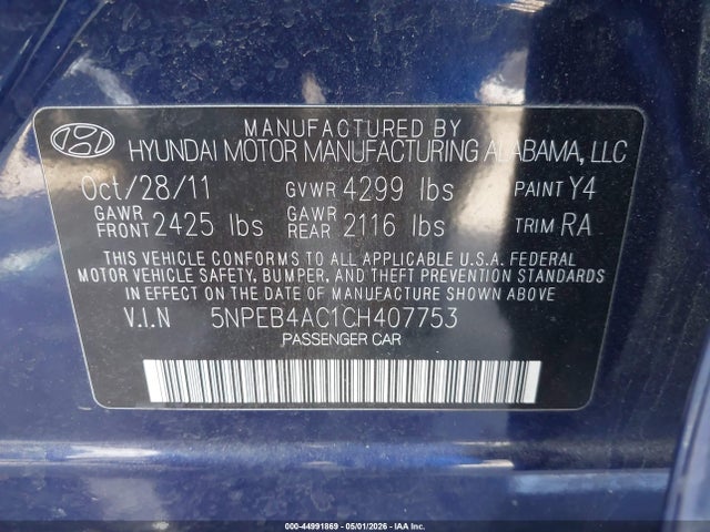 Продаж на аукціоні авто 2012 Hyundai Sonata Gls, vin: 5NPEB4AC1CH407753, номер лоту: 44991869