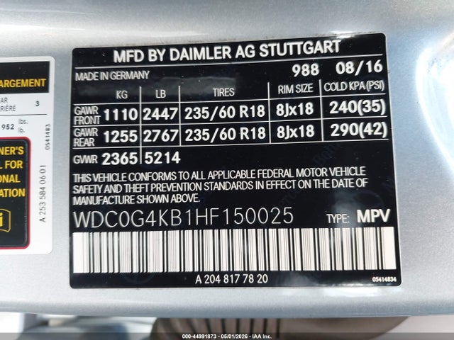 44991873 :رقم المزاد ، WDC0G4KB1HF150025 vin ، 2017 Mercedes-benz Glc 300 4matic مزاد بيع