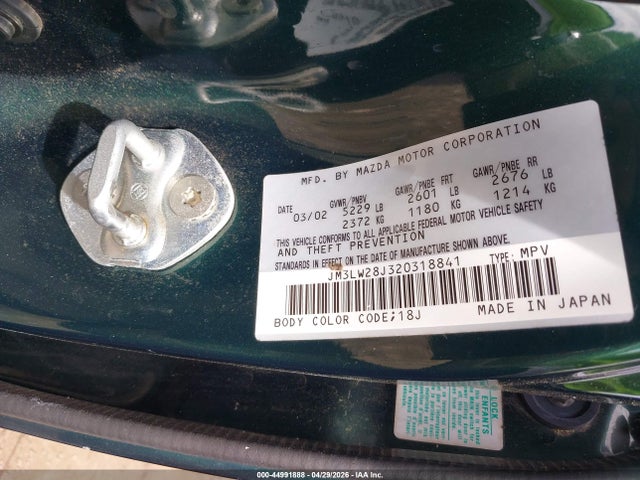 2002 Mazda Mpv Es/lx მანქანა იყიდება აუქციონზე, vin: JM3LW28J320318841, აუქციონის ნომერი: 44991888