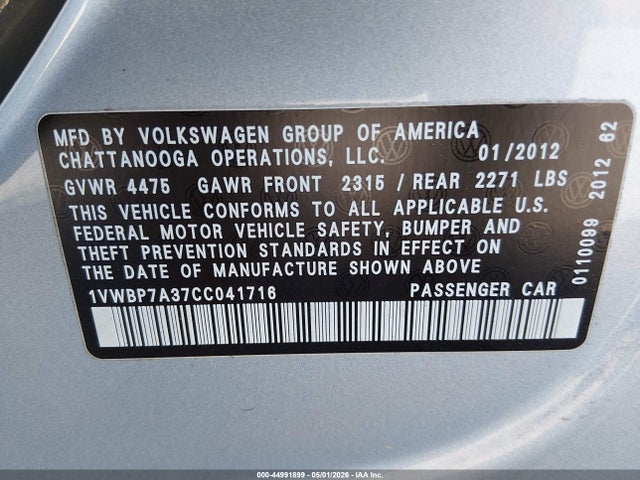 Aukcja sprzedaży 2012 Volkswagen Passat 2.5l Se, vin: 1VWBP7A37CC041716, numer aukcji: 44991899