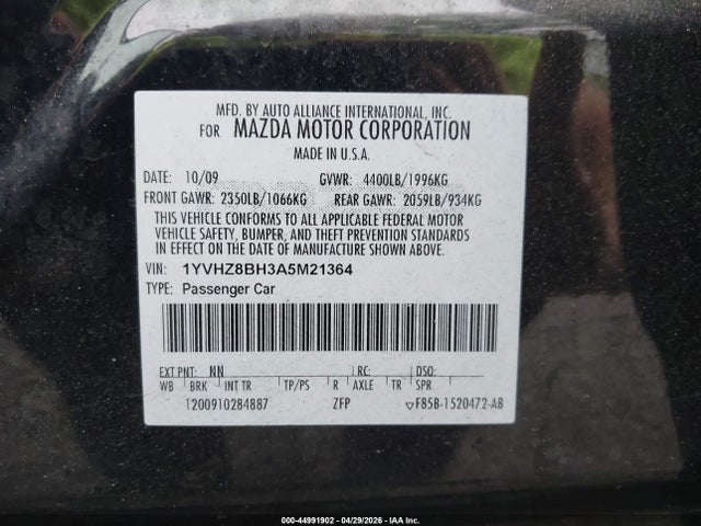 44991902 :رقم المزاد ، 1YVHZ8BH3A5M21364 vin ، 2010 Mazda Mazda6 I Sport مزاد بيع