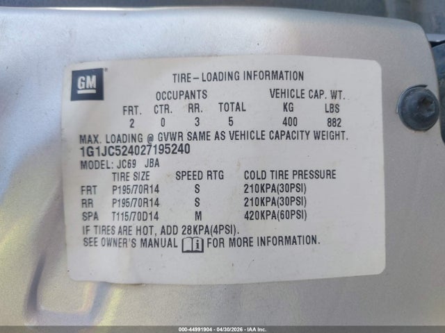 Продаж на аукціоні авто 2002 Chevrolet Cavalier, vin: 1G1JC524027195240, номер лоту: 44991904