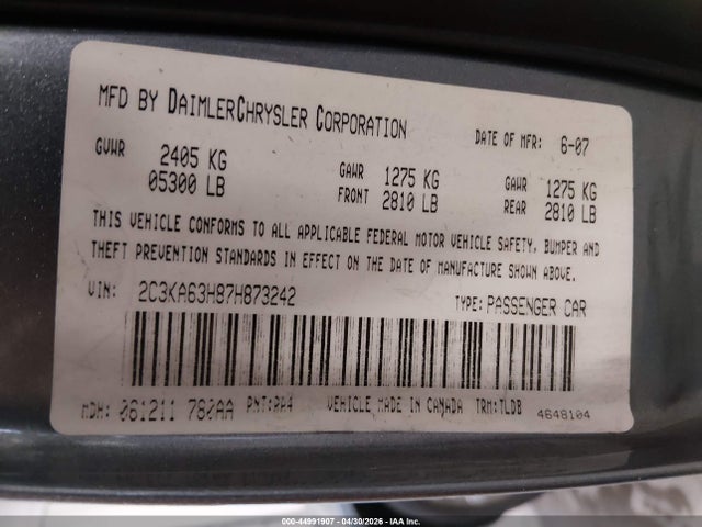 44991907 :رقم المزاد ، 2C3KA63H87H873242 vin ، 2007 Chrysler 300c مزاد بيع