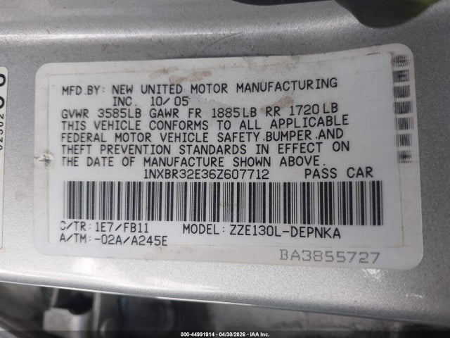 44991914 :رقم المزاد ، 1NXBR32E36Z607712 vin ، 2006 Toyota Corolla Le مزاد بيع