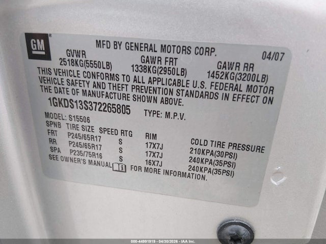 2007 Gmc Envoy Sle მანქანა იყიდება აუქციონზე, vin: 1GKDS13S372265805, აუქციონის ნომერი: 44991919