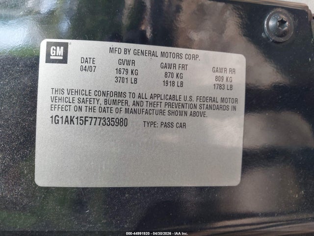 Aukcja sprzedaży 2007 Chevrolet Cobalt Ls, vin: 1G1AK15F777335980, numer aukcji: 44991920