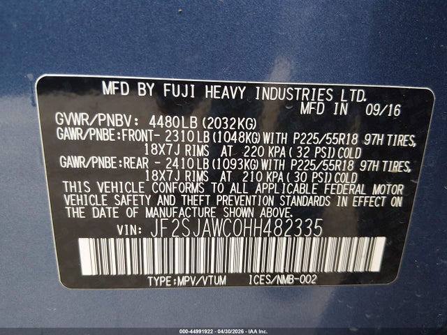 Aukcja sprzedaży 2017 Subaru Forester 2.5i Touring, vin: JF2SJAWC0HH482335, numer aukcji: 44991922