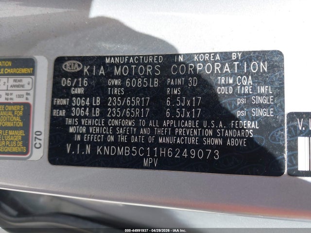 Aukcja sprzedaży 2017 Kia Sedona Lx, vin: KNDMB5C11H6249073, numer aukcji: 44991937
