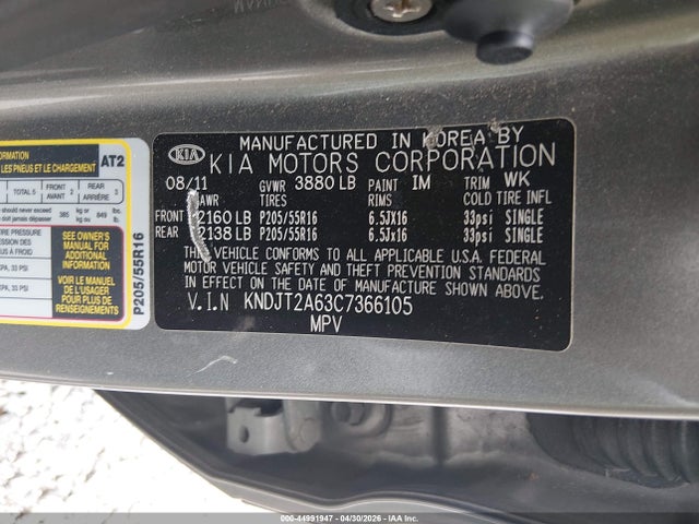 44991947 :رقم المزاد ، KNDJT2A63C7366105 vin ، 2012 Kia Soul + مزاد بيع