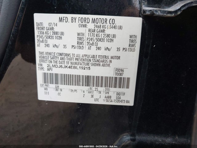 Продаж на аукціоні авто 2014 Lincoln Mkx, vin: 2LMDJ6JK4EBL19215, номер лоту: 44991955