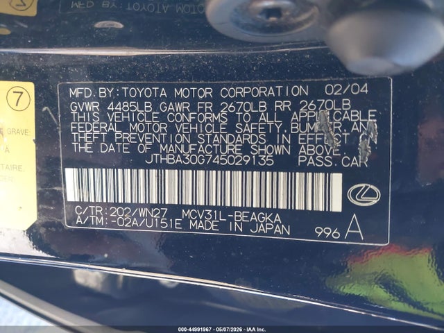 Продажа на аукционе авто 2004 Lexus Es 330, vin: JTHBA30G745029135, номер лота: 44991967
