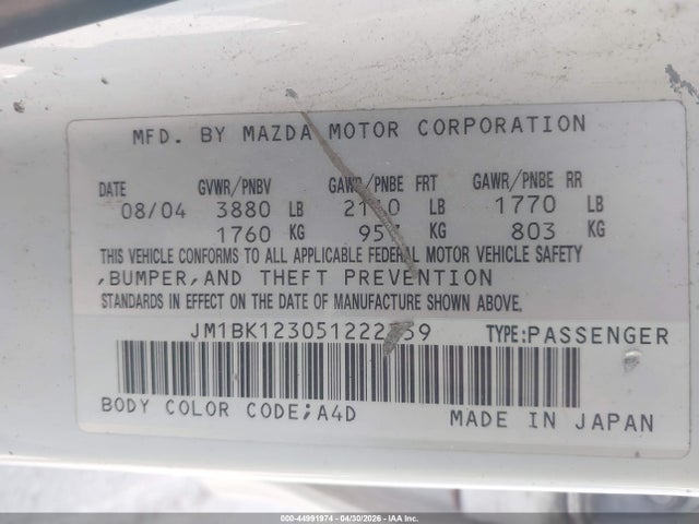 44991974 :رقم المزاد ، JM1BK123051222359 vin ، 2005 Mazda Mazda3 S مزاد بيع