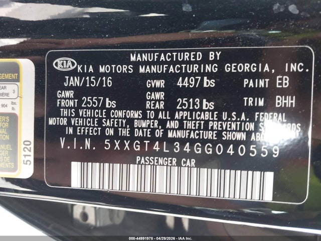 2016 Kia Optima Lx მანქანა იყიდება აუქციონზე, vin: 5XXGT4L34GG040559, აუქციონის ნომერი: 44991978