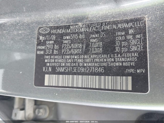 44991983 :رقم المزاد ، 5NMSH13E09H271846 vin ، 2009 Hyundai Santa Fe Limited مزاد بيع