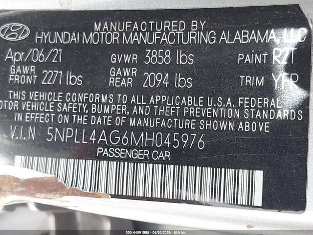 2021 Hyundai Elantra Se მანქანა იყიდება აუქციონზე, vin: 5NPLL4AG6MH045976, აუქციონის ნომერი: 44991985