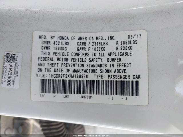 1HGCR2F5XHA188938 Honda Accord Sport