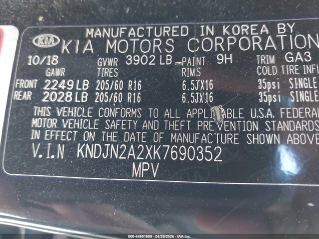 44991989 :رقم المزاد ، KNDJN2A2XK7690352 vin ، 2019 Kia Soul ! مزاد بيع