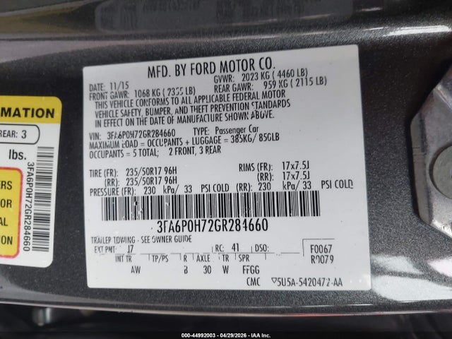 Продаж на аукціоні авто 2016 Ford Fusion Se, vin: 3FA6P0H72GR284660, номер лоту: 44992003