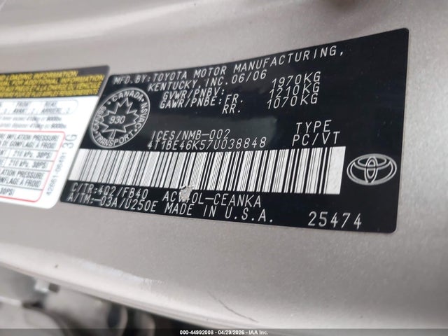 Продажа на аукционе авто 2007 Toyota Camry Le/se, vin: 4T1BE46K57U038848, номер лота: 44992008