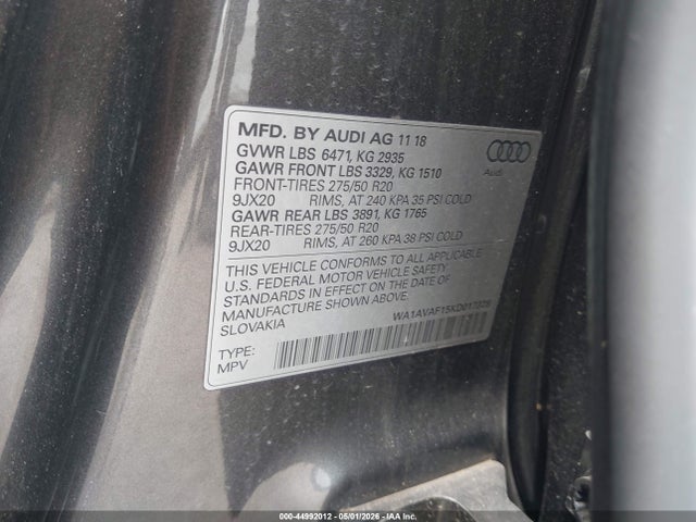 44992012 :رقم المزاد ، WA1AVAF15KD017328 vin ، 2019 Audi Q8 55 Premium مزاد بيع