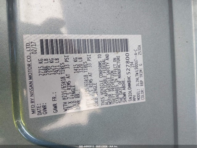 44992013 :رقم المزاد ، 5N1DL0MM8HC527800 vin ، 2017 Infiniti Qx60 مزاد بيع
