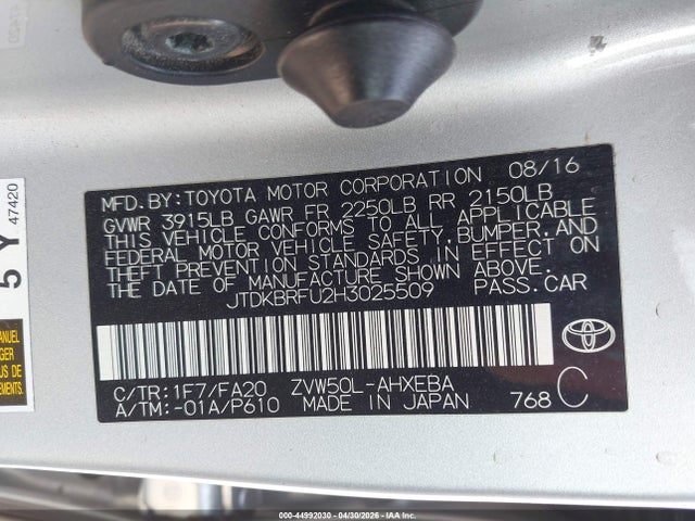 Aukcja sprzedaży 2017 Toyota Prius Two, vin: JTDKBRFU2H3025509, numer aukcji: 44992030