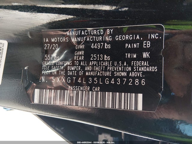 44992044 :رقم المزاد ، 5XXGT4L35LG437286 vin ، 2020 Kia Optima Se مزاد بيع