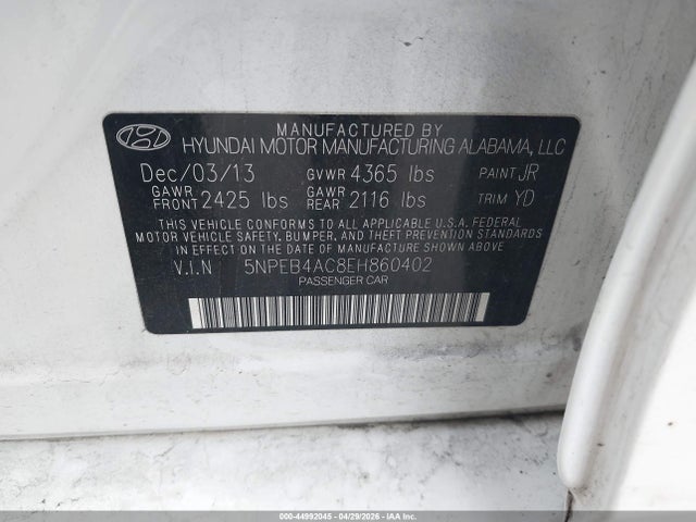 44992045 :رقم المزاد ، 5NPEB4AC8EH860402 vin ، 2014 Hyundai Sonata Gls مزاد بيع